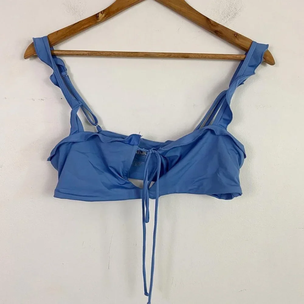 Frankie's Bikinis Blue ruffle front tie Bikini Top
